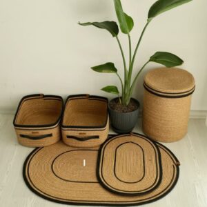 handmade jute bathroom set: woven bath mat, laundry basket & storage bins