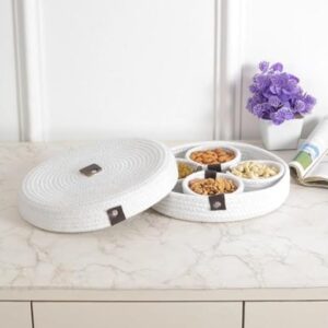 white cotton natural homemade rope dry fruit container with lid and serving tray for your home & kitchen (1 lowertray, 4 bowl, 1tray cover)