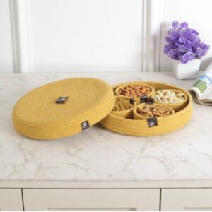 yellow cotton natural homemade rope dry fruit container with lid and serving tray for your home & kitchen (1 lowertray, 4 bowl, 1tray cover)