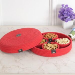 red cotton natural homemade rope dry fruit container with lid and serving tray for your home & kitchen (1 lowertray, 4 bowl, 1tray cover)