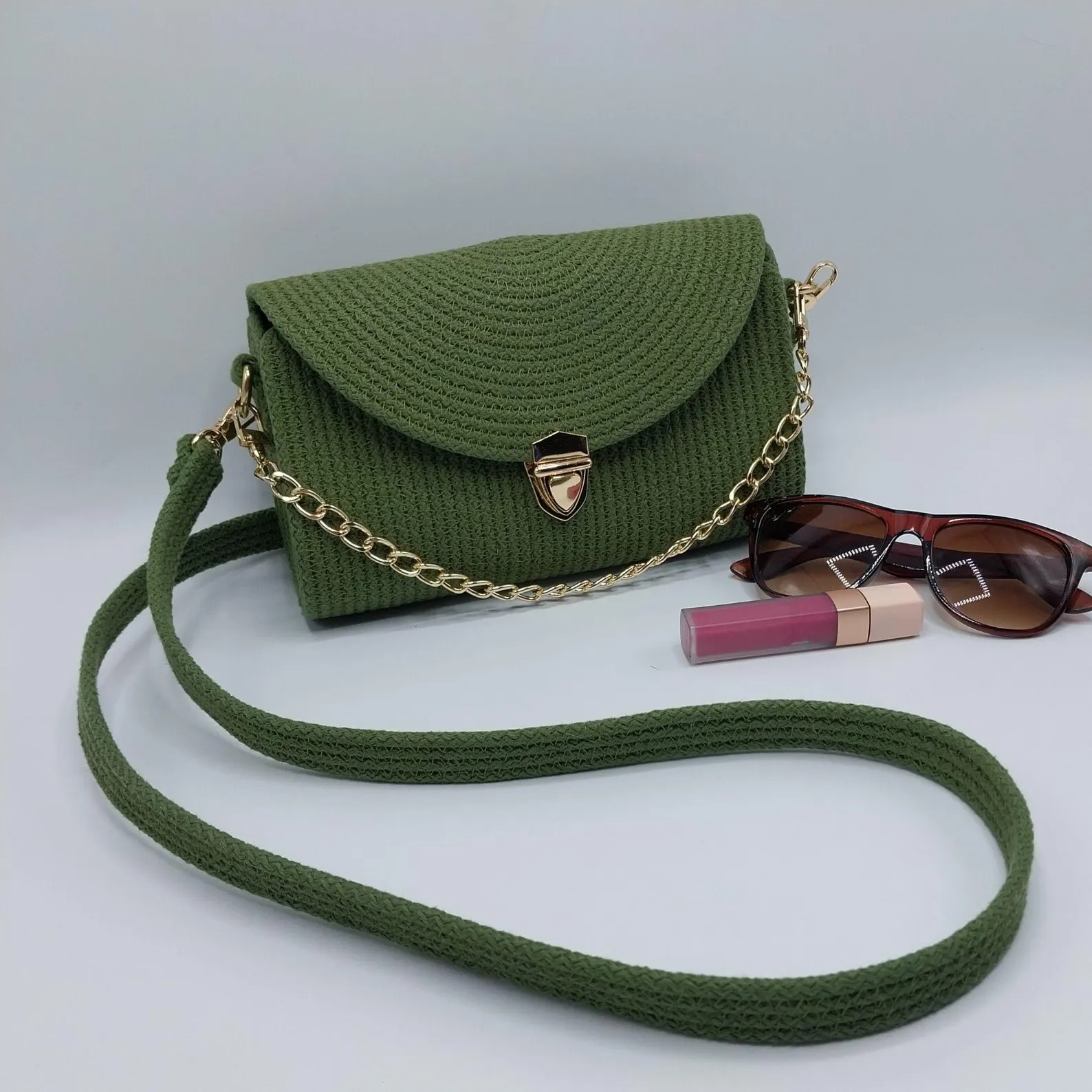handmade cotton cored corssbody bags small purse with gold chain strap and strap and clasp, elegant shoulder bag,