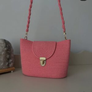 cotton rope/ jute /small dry grass/natural cane/chic dry grass bag/cotton rope woven bag for women vibrant cotton rope handbag chic large tote for women,stylish carryall & shoulder pink +golden button bag