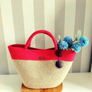 substainable style handmade women jute bag into red and beige color