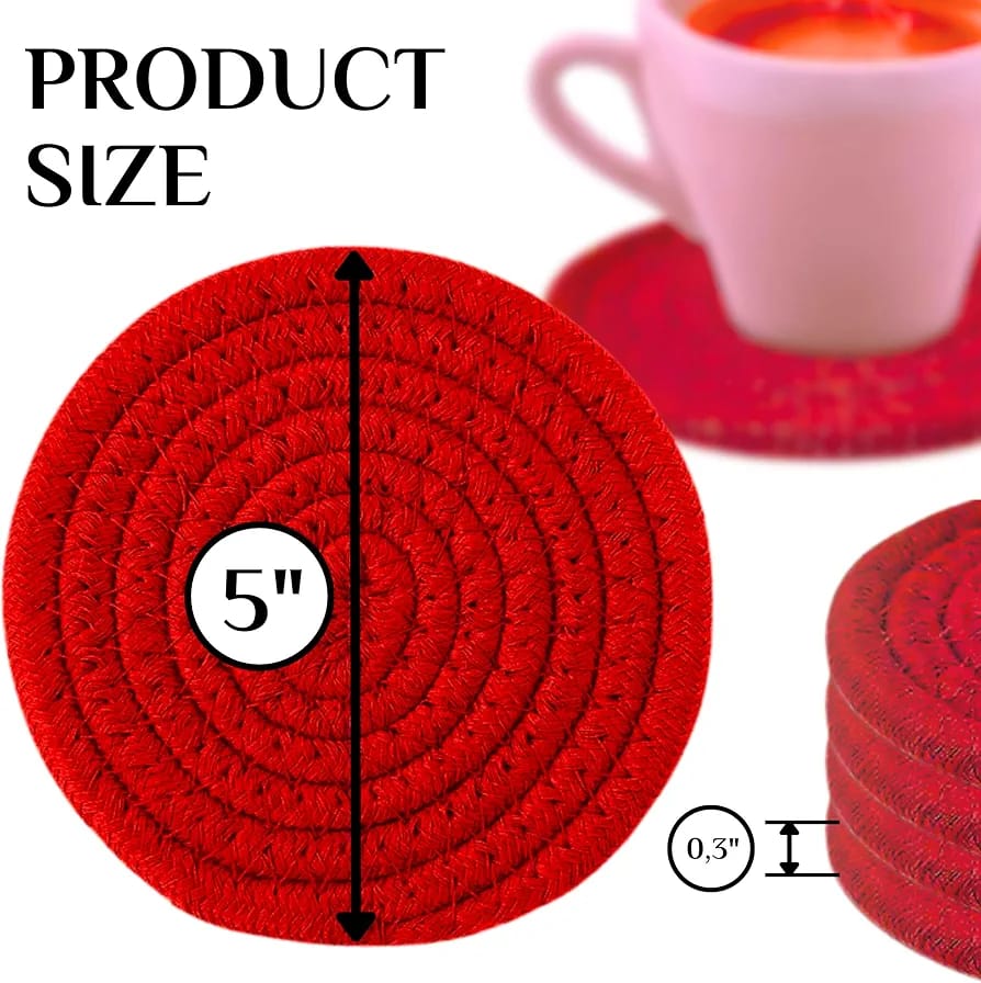 cotton rope/ jute /small dry grass/natural cane/chic dry grass bag/farmhouse coasters for drinks/absorbent coasterfor fabletop protection/women coaster,rustic coaster,rope drink coaster full red.