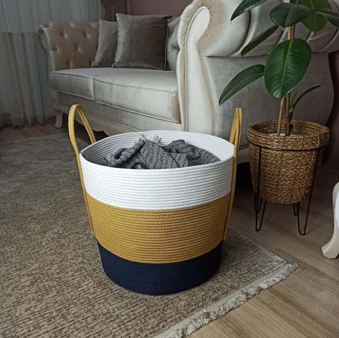 chic & green jute & cotton women bag line in white yellow black basket