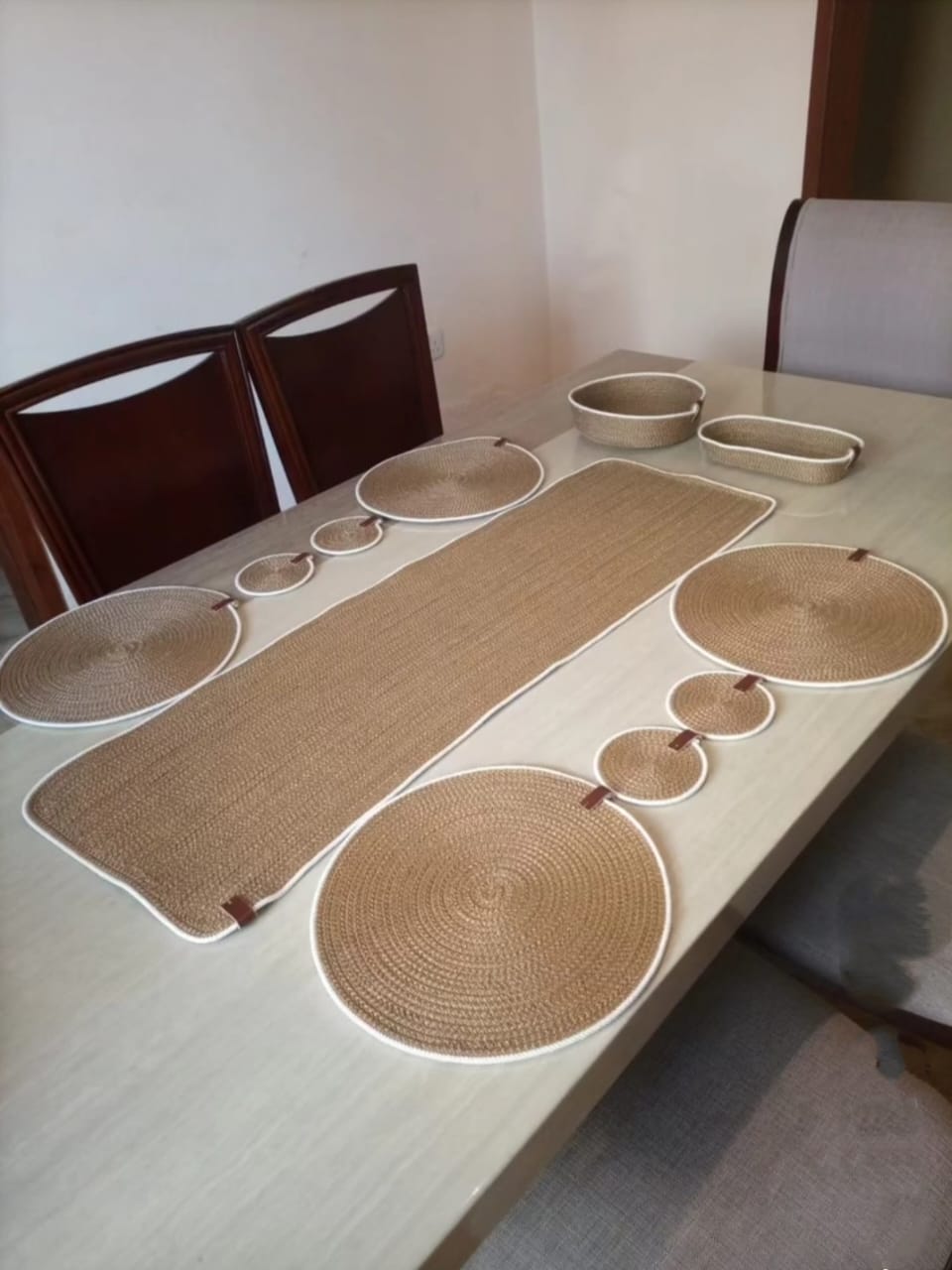 cotton rope/ jute /small dry grass/natural cane/chic dry grass bag/woven boho farmhouse table /kichen décor/washable and handmade rustic table/cotton rppe oval basket/cotton rope table runner/placemat natrual burlap farmhouse coster for drink/dining kitchen desk décor/oval basket/ white beige