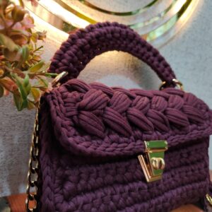 hand knitted swivel clasps snap hook crochet bag in purple color