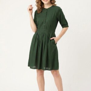 women olive green printed a line dress (copy)