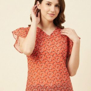 peach coloured printed crepe regular top