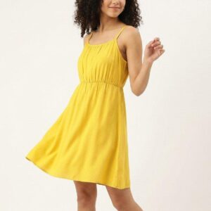 women mustard yellow solid fit and flare dress