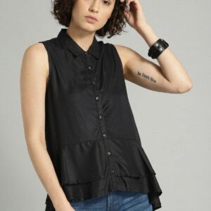 navy blue printed crepe regular top (copy)